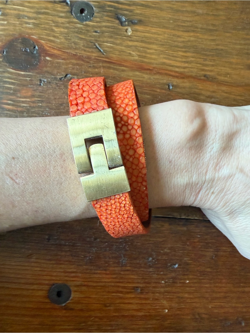 Leighelena Double Jigsaw Orange Stingray Leather Wrap Bracelet